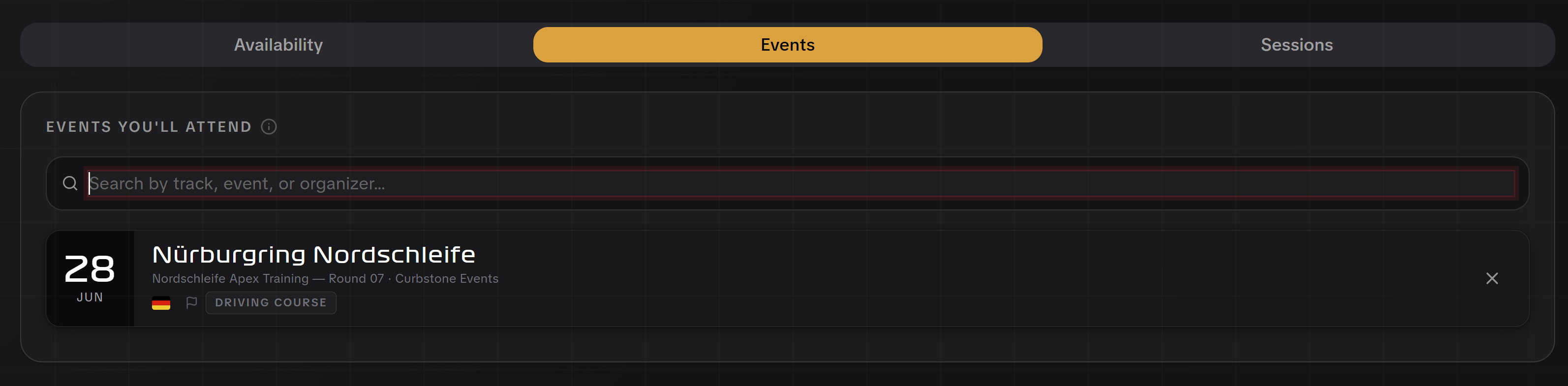 Záložka Akce. Vyhledejte trackday a přidejte ho k profilu.