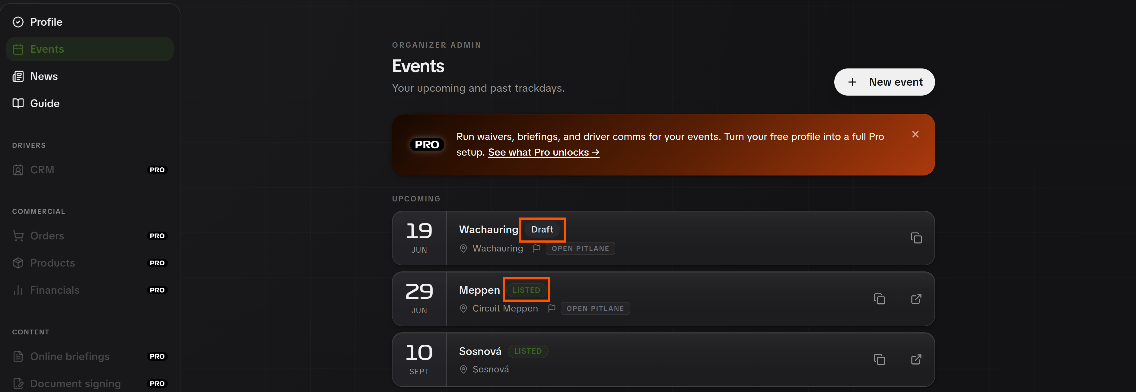 An event with its status. Draft until you publish.
