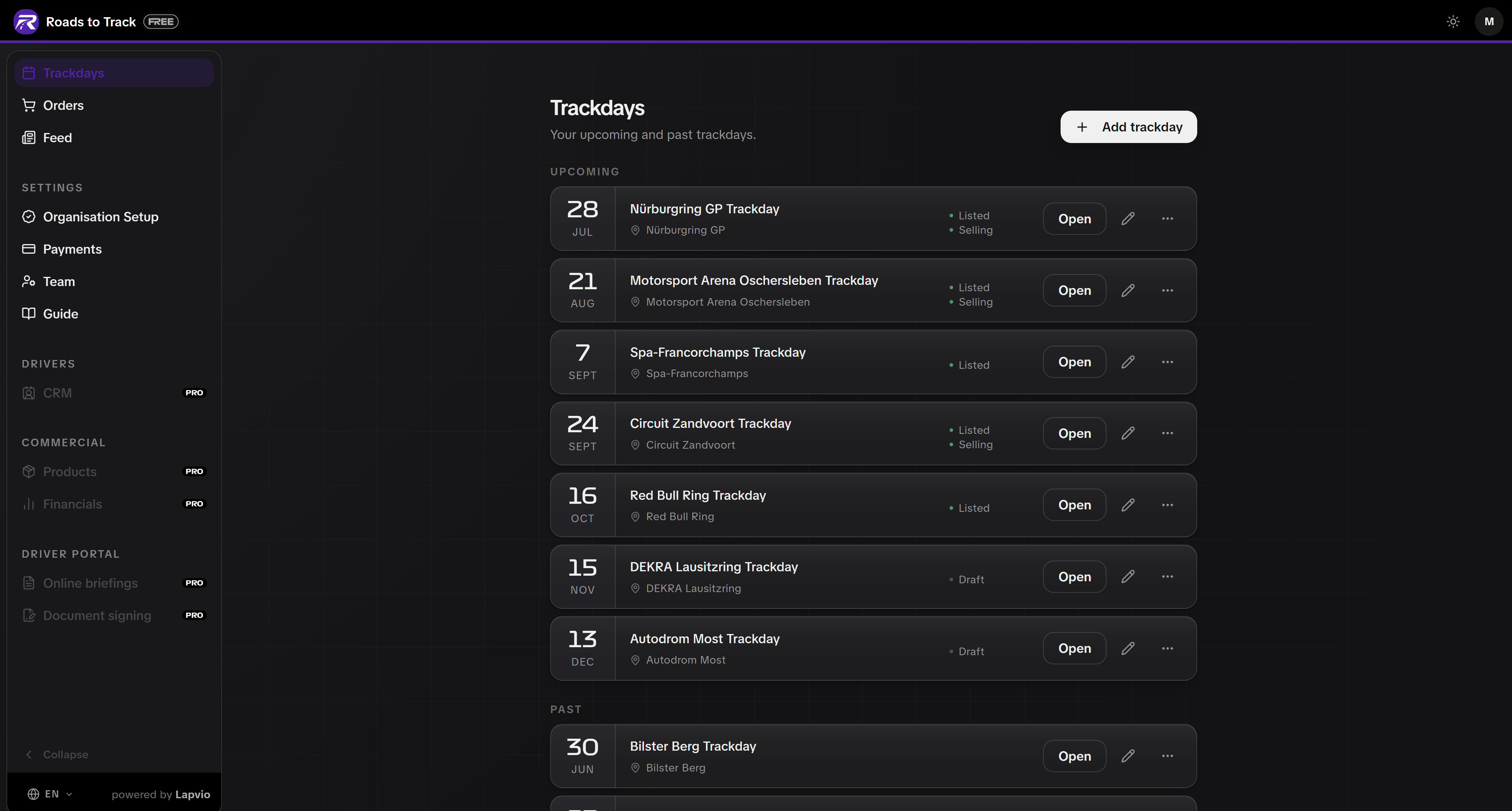The trackdays list. Upcoming, past and archived, with duplicate and publish in the row menu.