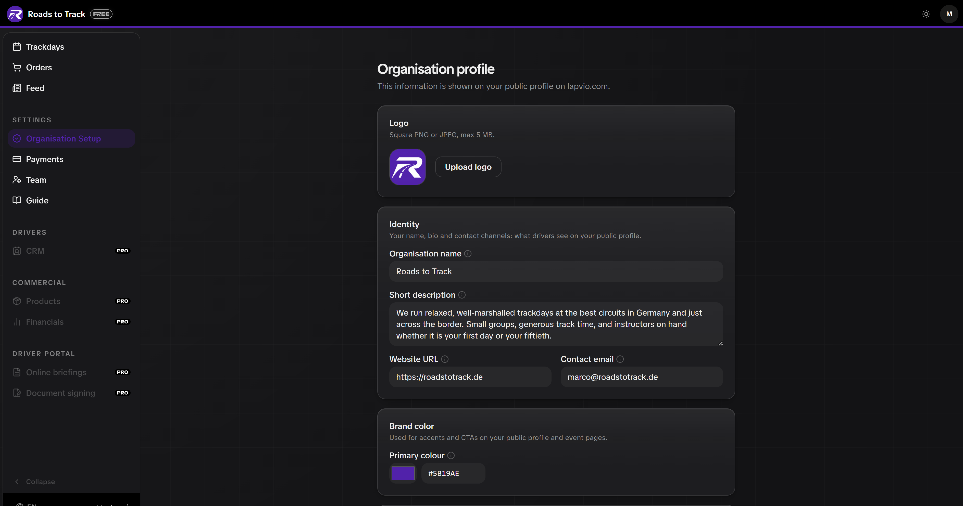 Organisation Setup. Logo upload and the brand colour picker.