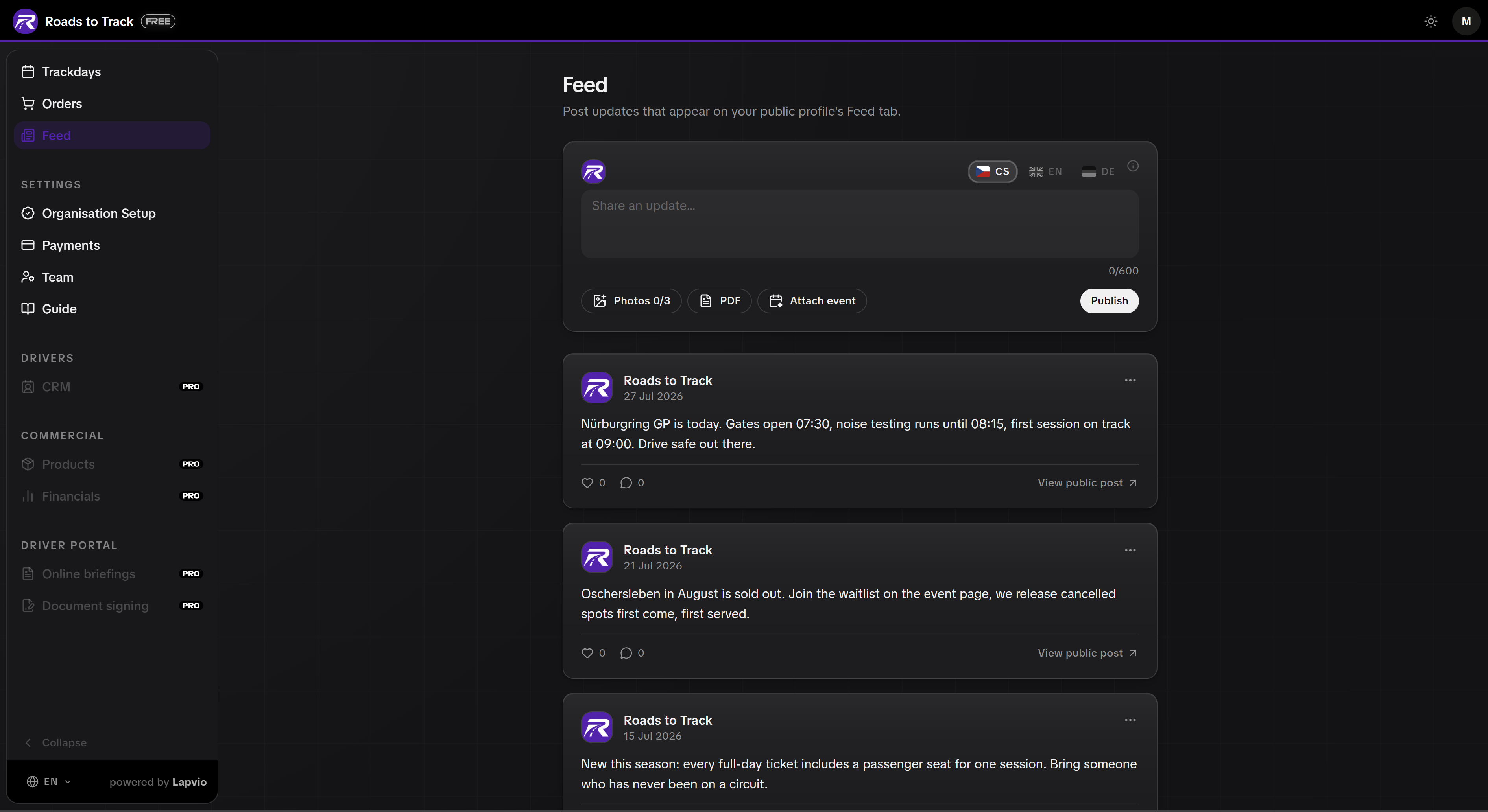 Menu administrace. Denní práce nahoře, nastavení níž, funkce PRO zašedlé.